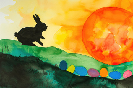 A painting of a rabbit sitting on top of a hill.の素材