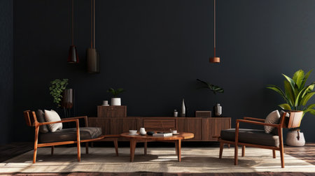 A living room with a couch, chair, coffee table and potted plants.の素材