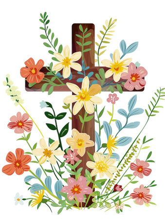 A cross surrounded by flowers and leaves. In an Easter card, a cross adorned with flowers takes center stage against a serene white background, symbolizing renewal, hope, faith and celebration.の素材