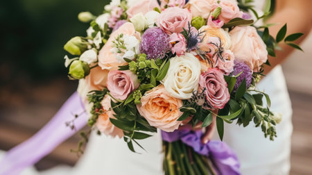 A bride holding a bouquet of pink and white flowers.の素材