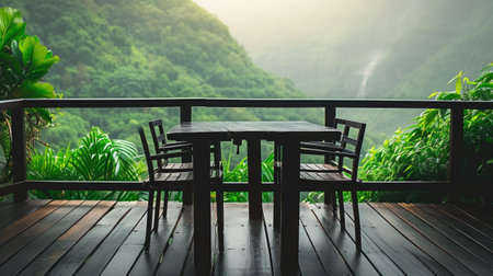 A table and chairs on a wooden deck.の素材