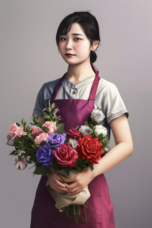 A woman in an apron holding a bouquet of flowers.の素材