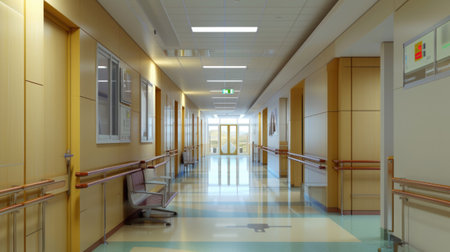 A hospital hallway with a chair and railing.の素材