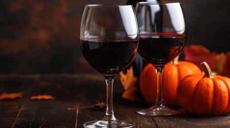Two glasses of red wine with a bottle of wine in the background.の素材