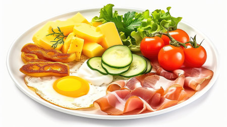 A white plate topped with eggs, ham, tomatoes, cucumbers, and cheese.の素材