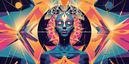 In a celestial harmony depicted through a symmetrical flat illustration, a digital painting portrays a person standing with a radiant sun in the background, capturing a sense of cosmic connection and serenity.の素材
