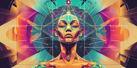 A celestial harmony emanates from the geometric background surrounding the serene female head, evoking a sense of meditation and inner peace in a captivating and spiritually enriching scene.の素材