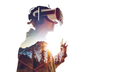 A person wearing a pair of virtual glasses. Tribal design elements, tipi, native american virtual reality tour.の素材