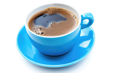 A blue cup of coffee on a saucer.の素材