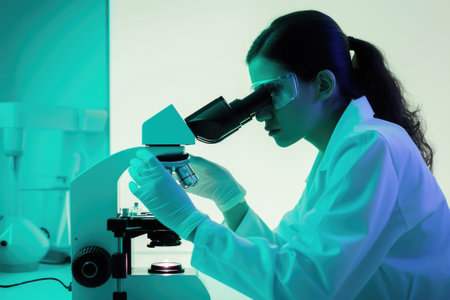 A woman in a lab coat looking through a microscope.の素材