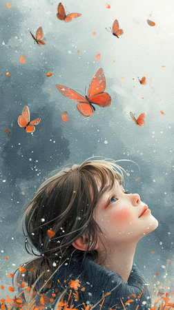 A young girl is looking up at butterflies in the sky.の素材