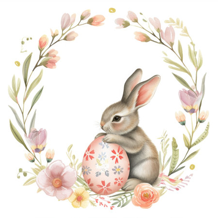 A watercolor painting of a bunny holding an easter egg.の素材