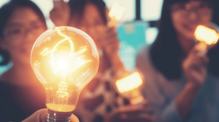 A group of people gathers around a glowing light bulb, symbolizing creative group work and collaboration, as ideas spark and innovation flourishes in a dynamic and inspiring environment.の素材