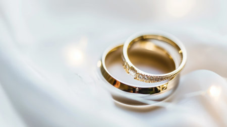 Two wedding rings sitting on top of a white cloth.の素材