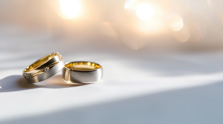 A couple of wedding rings sitting on top of a table.の素材