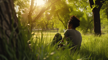 A person sitting in the grass near a tree.の素材