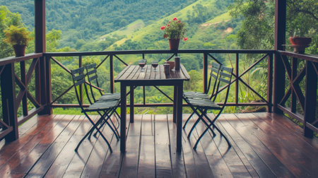 A table and chairs on a wooden deck.の素材