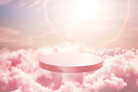 A gathering of entities around a circular podium, suspended in the ethereal beauty of a sky painted with fluffy white clouds.の素材