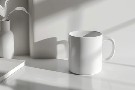 A stunning photo capturing the elegance of a white coffee cup placed gracefully beside a white vase, showcasing the perfect balance between simplicity and sophistication. Blank mockup, copy-space.の素材