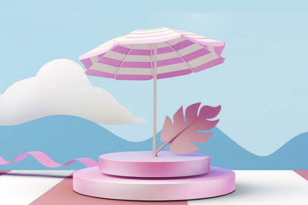 A pink and white umbrella delicately positioned on top of a table creates a soft and enchanting atmosphere.の素材