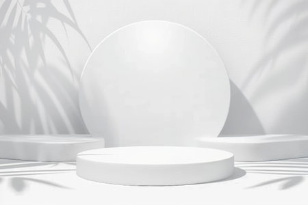 Simple circular podium gracefully adorns a modern white table, creating a scene of tranquil beauty.の素材