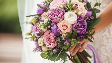 A bride holding a bouquet of purple and white flowers.の素材
