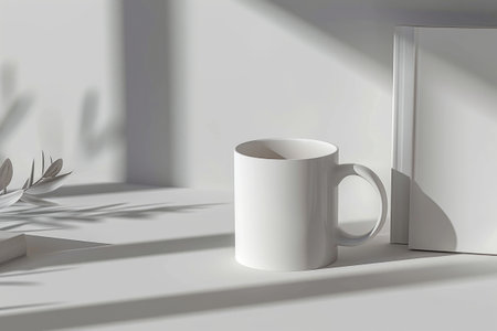 A white coffee mug adorned with wisps of steam sits serenely next to an open book, inviting contemplation and the pursuit of knowledge. Blank mockup, copy-space.の素材