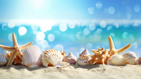 A banner featuring seashells and starfish scattered on a sandy beach, set against a backdrop of blurred sea water and glistening sparkles above, evoking the tranquil beauty of a coastal paradise.の素材