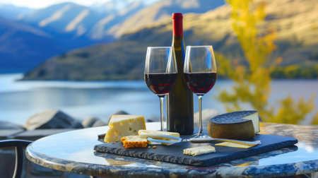 A picturesque scene unfolds on a table adorned with two glasses of wine and a selection of cheese, set against the backdrop of majestic mountains and a serene lake, evoking a sense of tranquility and indulgence.の素材