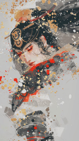 A painting of a woman with a sword. A flat illustration on a grey background depicts a fantasy medieval Japanese character with long hair, evoking a sense of intrigue.の素材