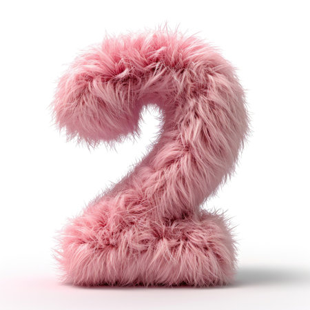 A pink fuzzy number 2 on a white background.の素材