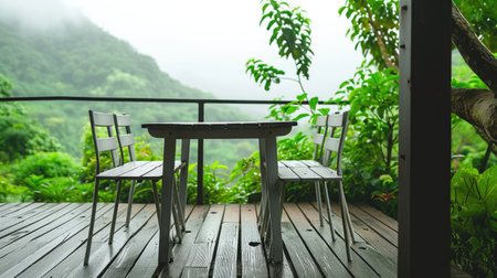 A table and two chairs on a wooden deck.の素材