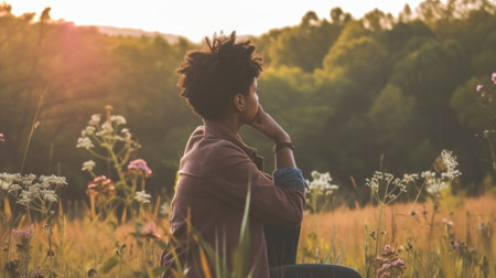 A woman sitting in a field talking on a cell phone.の素材