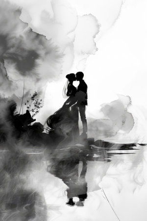 In this mesmerizing black and white photo, a captivating couple is locked in a passionate embrace, creating an enchanting image that evokes deep emotions.の素材