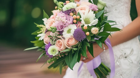 A bride holding a bouquet of flowers in her hands.の素材