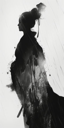 A captivating black and white photo depicting a person gracefully standing in the rain, holding a classic umbrella.の素材