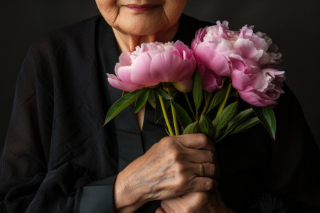 A stylish elderly woman gracefully holds a vibrant bunch of pink flowers, radiating beauty and capturing the essence of natures delicate whisperings.の素材