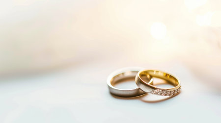 A couple of wedding rings sitting on top of a table.の素材