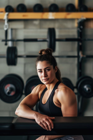 A woman posing for a picture in a gym.の素材