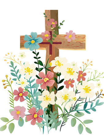 A cross with flowers and leaves on a white background. In an Easter card, a cross adorned with flowers takes center stage against a serene white background, symbolizing renewal, hope, faith and celebration.の素材