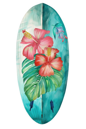 A vibrant and captivating painting capturing the essence of a surfboard adorned with beautiful hibiscus flowers, evoking a sense of tranquility and the spirit of the sea.の素材