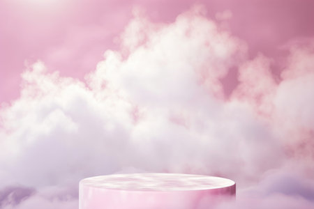 A gathering of entities around a circular podium, suspended in the ethereal beauty of a sky painted with fluffy white clouds.の素材