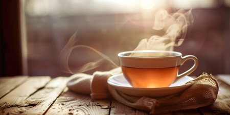 A mesmerizing cup of tea, delicately placed on a saucer, gracefully emits a soothing spiral of steam on an inviting wooden table.の素材