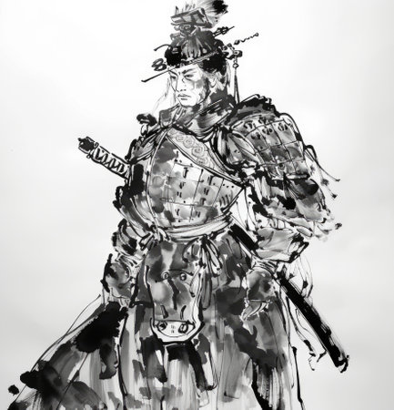 A strong and determined young general stands tall in intricately detailed black and white armor, radiating a sense of authority and protection.の素材
