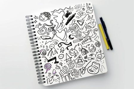 A vibrant notebook adorned with unique doodles becomes a canvas for artistic expression, with a pen poised on top, waiting to bring creativity to life.の素材
