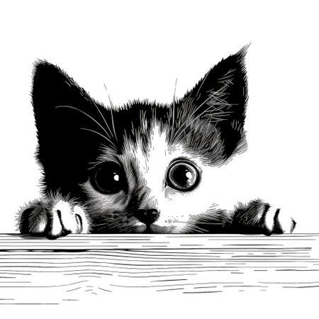 A black and white drawing of a kitten peeking over a table.の素材