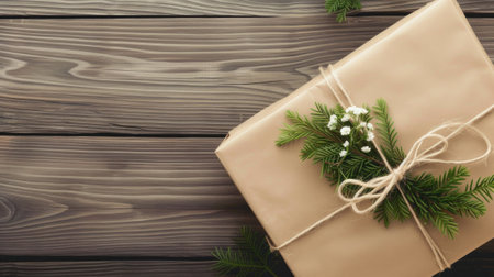 On a wooden table, a gift is elegantly wrapped in brown paper and secured with twine, copy space for personal messages or festive greetings, creating a rustic and charming presentation.の素材
