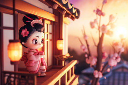 A small figurine of a geisha doll stands against a blurred traditional Japanese background, evoking the elegance and grace of Japans rich cultural heritage in a charming and captivating display.の素材