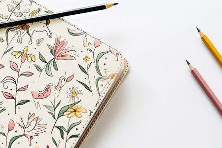 Two colorful pencils playfully interact with a gorgeously patterned notebook adorned with delicate flowers.の素材