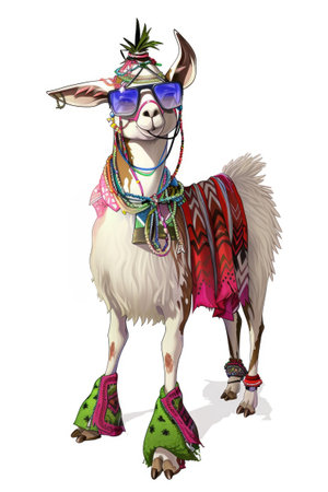 A llama wearing a colorful outfit and sunglasses.の素材